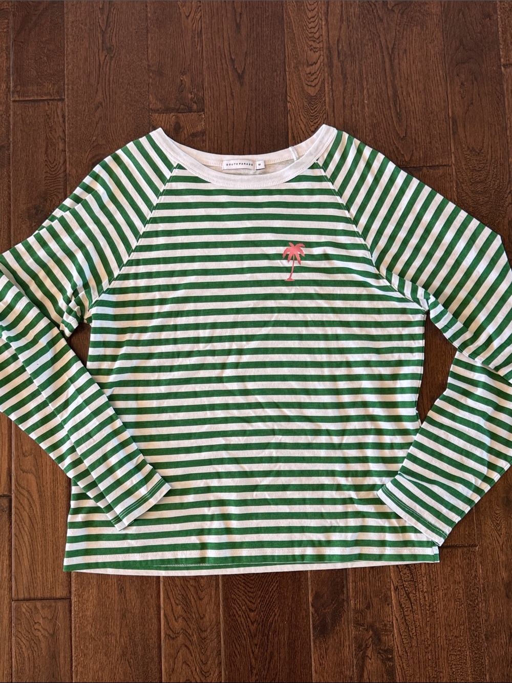 Green & White Striped Long-Sleeve Tee with Pink Palm Motif